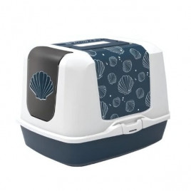 Trendy Midye Desenli Kapalı Kedi Tuvaleti Beyaz/Lacivert 57 Cm