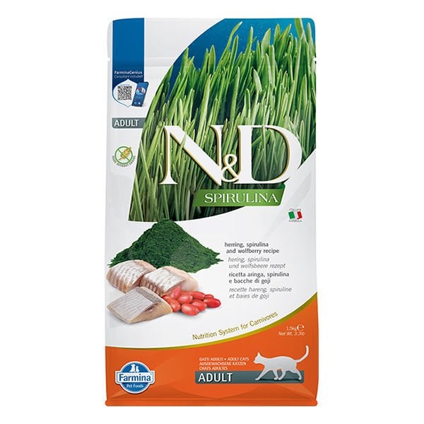 N&D Spirulina 1,5 Kg Ringa ve Kurt Üzümü | Yetişkin Kuru Kedi Maması