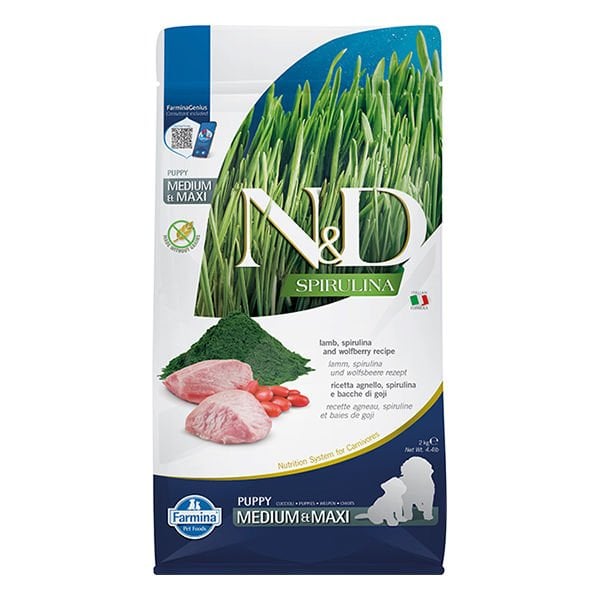 N&D Spirulina 2 Kg Medium Maxi Puppy Kuzu ve Kurt Üzümü | Tahılsız Köpek Kuru Maması