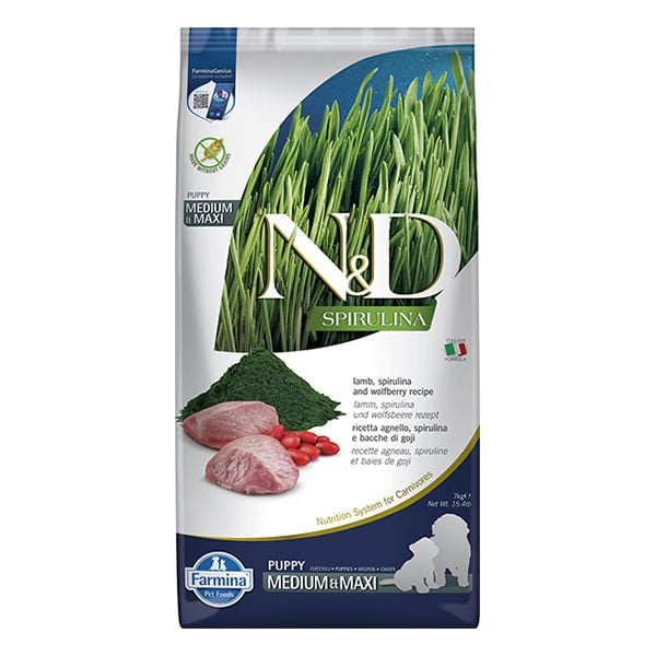 N&D Spirulina 7 Kg Puppy Medium Maxi Kuzu ve Kurt Üzümü | Yavru Köpek Kuru Maması