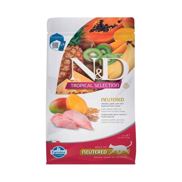 N&D Tropical Selection 1,5 Kg Neutered Tavuk Kılçıksız Buğday ve Tropik Meyveler | Kısırlaştırılmış Kedi Maması