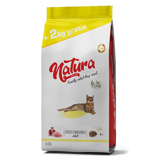 Natura 8 Kg + 2 Kg Hediyeli Adult Düşük Tahıllı Tavuk ve Narlı | Yetişkin Kuru Kedi Maması