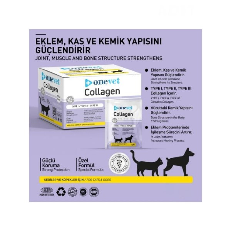 OneVet Collagen Kedi ve Köpekler için Eklem ve Kas Destekleyici Saşe 3 Gr 30 Adet