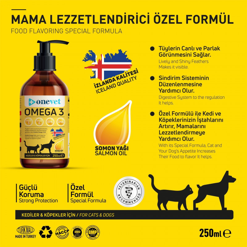 OneVet Omega 3 Kedi ve Köpekler İçin Deri ve Tüy Sağlığı Destekleyici Balık Yağı 250 Ml