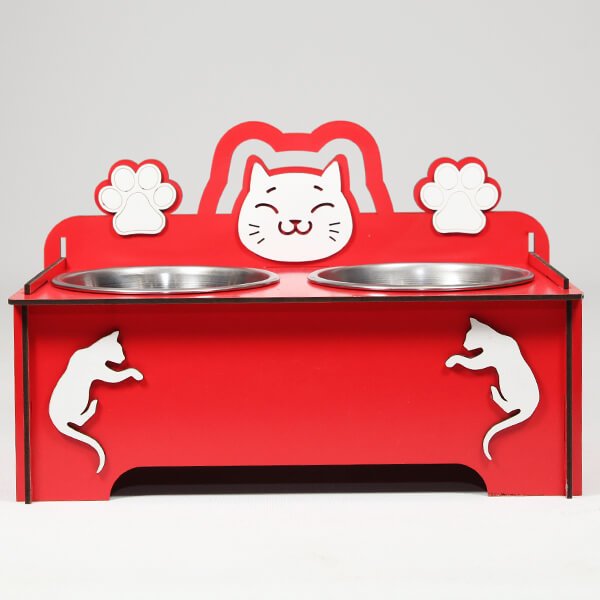 Petzz 9 Cm Ahşap Mama ve Su Kabı Seti Kırmızı 2x300 Ml | İkili Mama Ve Su Kabı