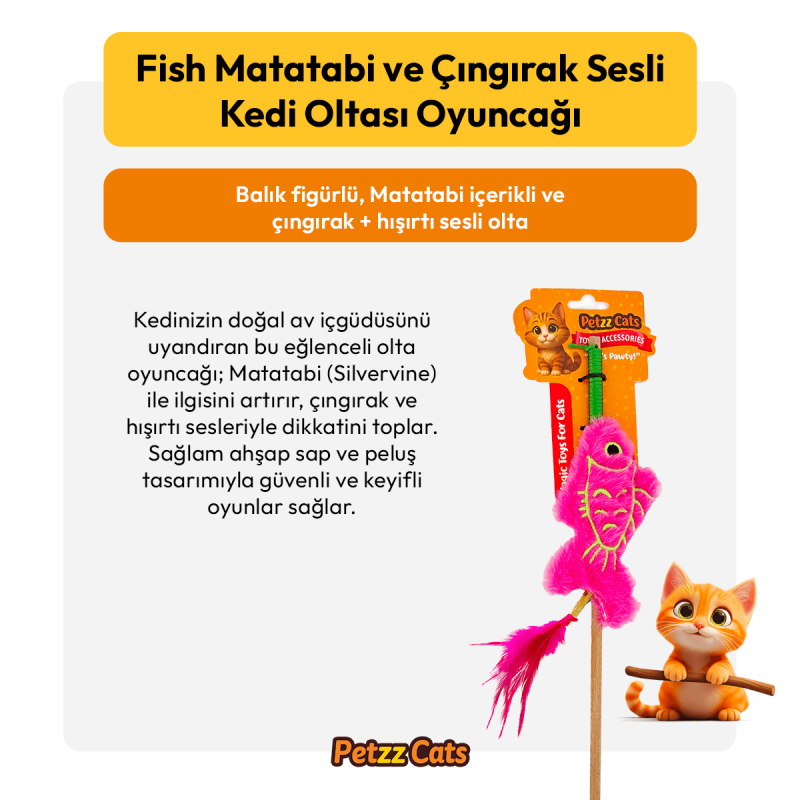 PetzzCats Fish Matatabi ve Çıngırak Sesli Kedi Oltası Oyuncağı Pembe 42 Cm