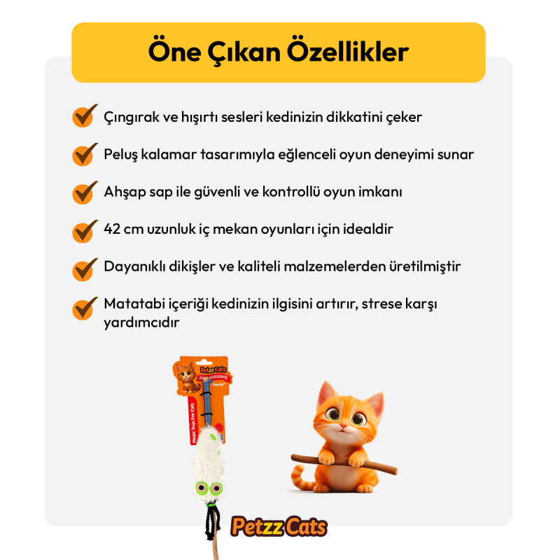 PetzzCats Kalamar Matatabi ve Çıngırak Sesli Kedi Oltası Oyuncağı Beyaz 42 Cm