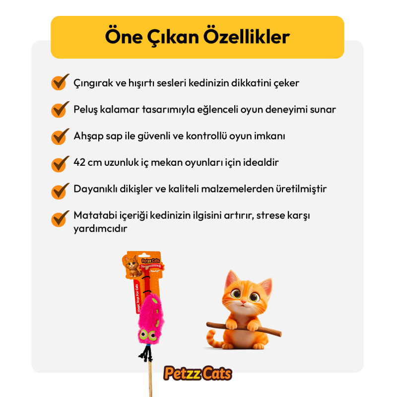 PetzzCats Kalamar Matatabi ve Çıngırak Sesli Kedi Oltası Oyuncağı Pembe 42 Cm