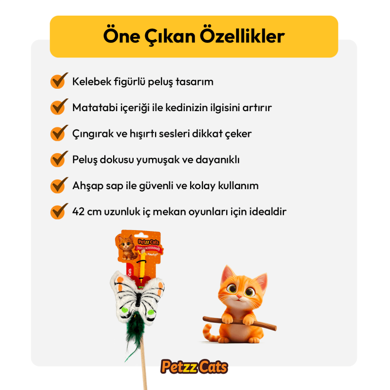 PetzzCats Kelebek 42 Cm Matatabi ve Çıngırak Sesli Kedi Oltası Oyuncağı Beyaz