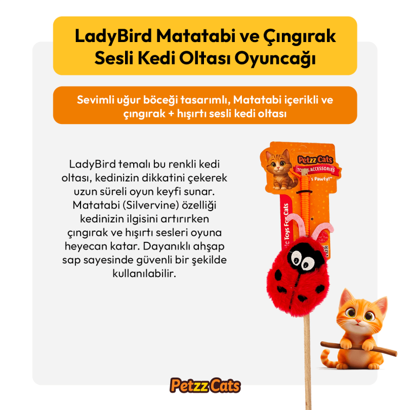 PetzzCats LadyBird 42 Cm Matatabi ve Çıngırak Sesli Kedi Oltası Oyuncağı Kırmızı/Pembe