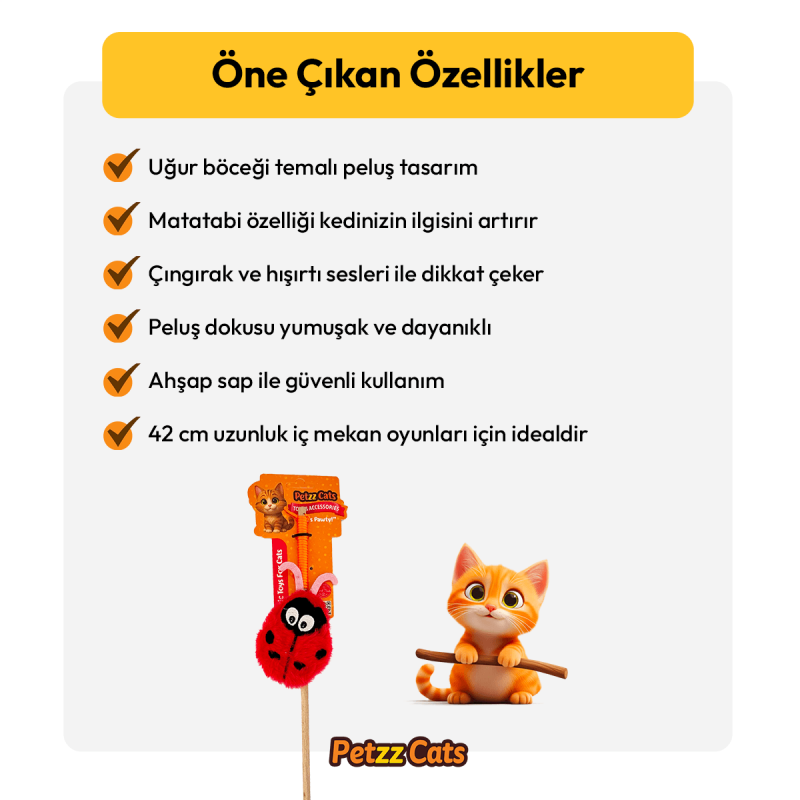PetzzCats LadyBird 42 Cm Matatabi ve Çıngırak Sesli Kedi Oltası Oyuncağı Kırmızı/Pembe