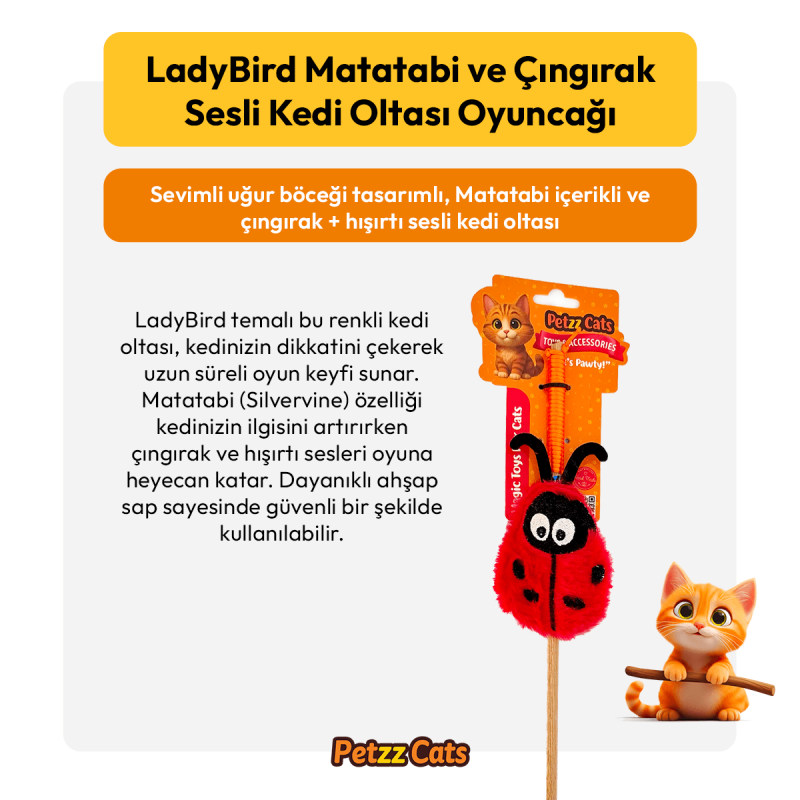 PetzzCats LadyBird 42 Cm Matatabi ve Çıngırak Sesli Kedi Oltası Oyuncağı Kırmızı/Siyah