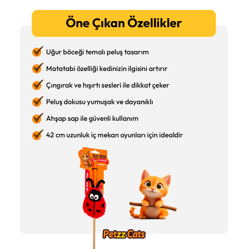 PetzzCats LadyBird 42 Cm Matatabi ve Çıngırak Sesli Kedi Oltası Oyuncağı Kırmızı/Siyah