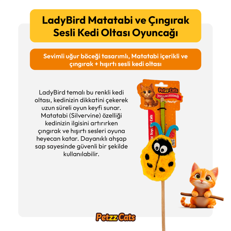 PetzzCats LadyBird 42 Cm Matatabi ve Çıngırak Sesli Kedi Oltası Oyuncağı Mavi/Sarı