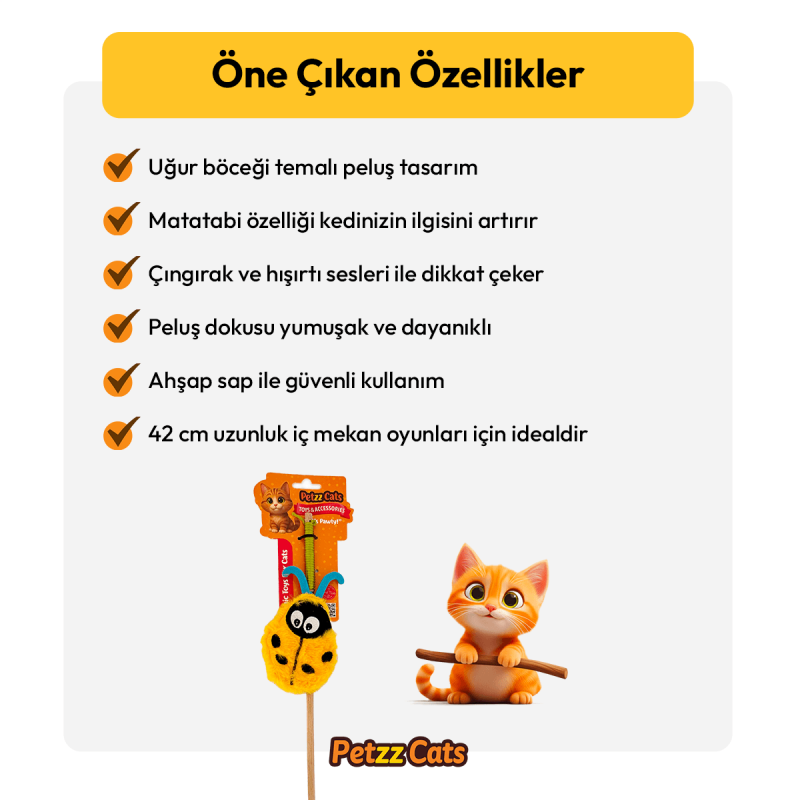 PetzzCats LadyBird 42 Cm Matatabi ve Çıngırak Sesli Kedi Oltası Oyuncağı Mavi/Sarı