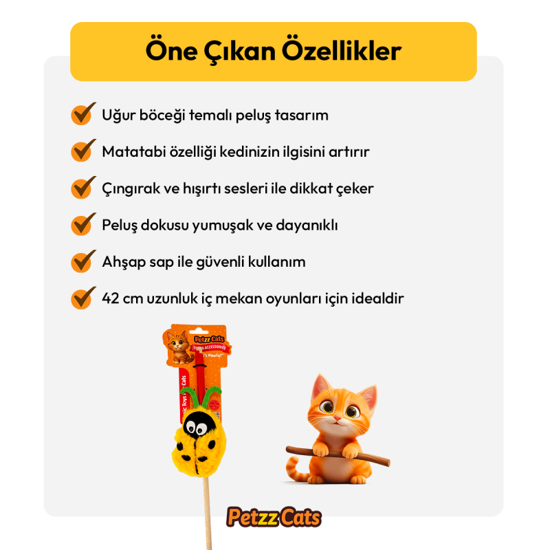 PetzzCats LadyBird 42 Cm Matatabi ve Çıngırak Sesli Kedi Oltası Oyuncağı Sarı/Yeşil