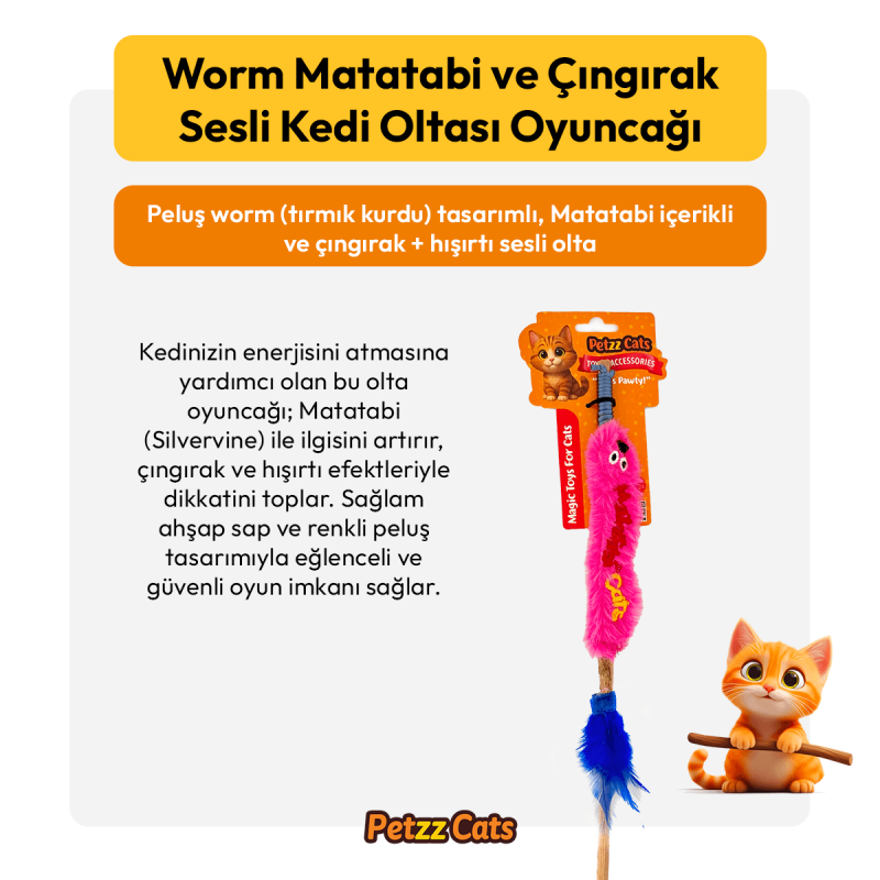 PetzzCats Worm Matatabi ve Çıngırak Sesli Kedi Oltası Oyuncağı Pembe 42 Cm
