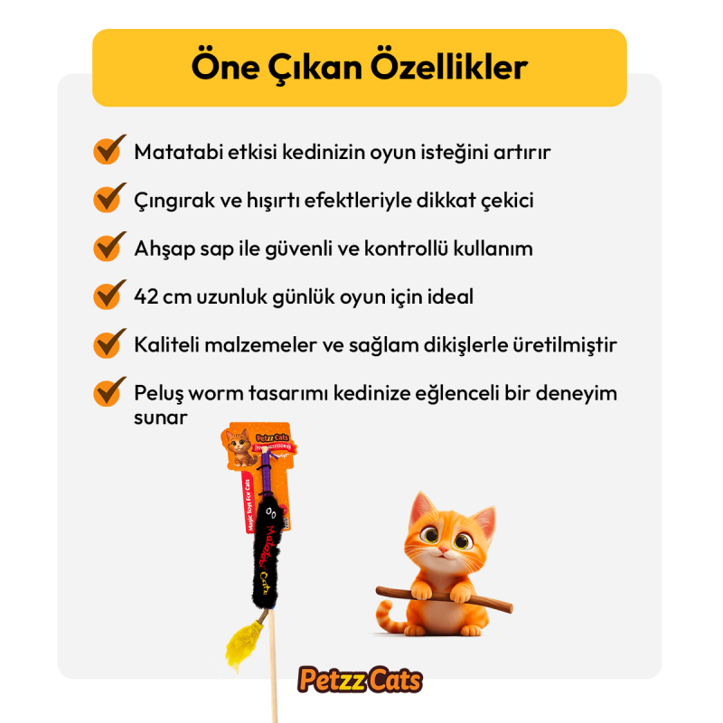 PetzzCats Worm Matatabi ve Çıngırak Sesli Kedi Oltası Oyuncağı Siyah 42 Cm