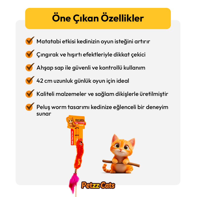 PetzzCats Worm Matatabi ve Çıngırak Sesli Kedi Oltası Oyuncağı Turuncu 42 Cm