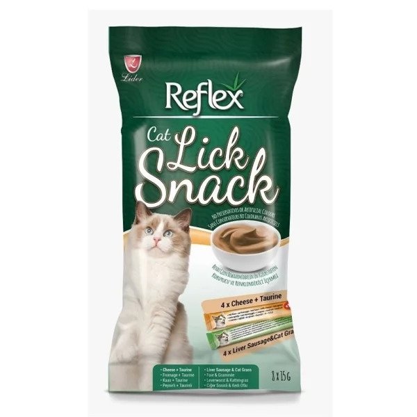 Reflex 8 adet Lick Snack Peynir Ciğer Ve Sosisli 15 Gr | Kedi Sıvı Ödül Maması