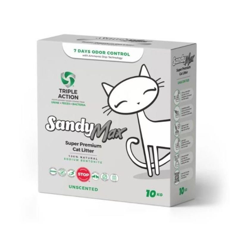 Sandy Max Triple Action 10 Kg Tozsuz Topaklanan Bentonit Doğal Kedi Kumu 