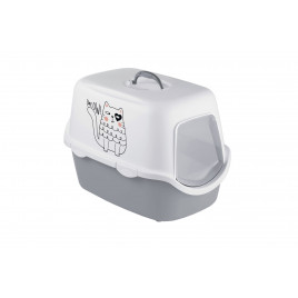 Cathy Griffe Kedi Desenli Kapalı Kedi Tuvaleti Beyaz/Gri 56x40x40 Cm