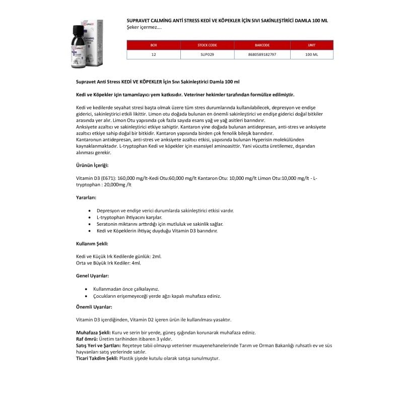 Supravet 100 Ml Calming Anti Stress Damla | Köpek Vitamini