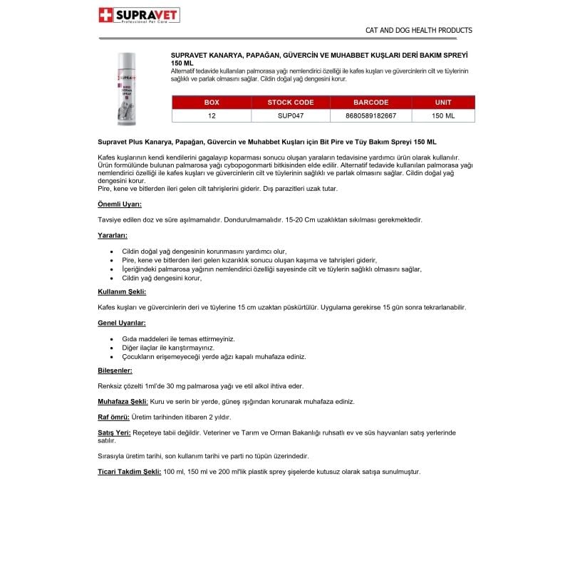 Supravet 150 Ml Bird Derma Sprey | Kuş İlacı