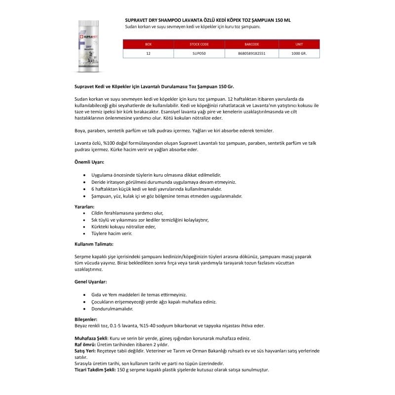Supravet 150 Ml Dry Shampoo Lavanta Özü | Köpek Şampuanı