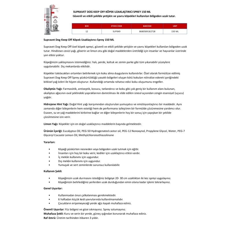 Supravet 150 Ml Keep Off Sprey | Köpek Uzaklaştırıcı Sprey
