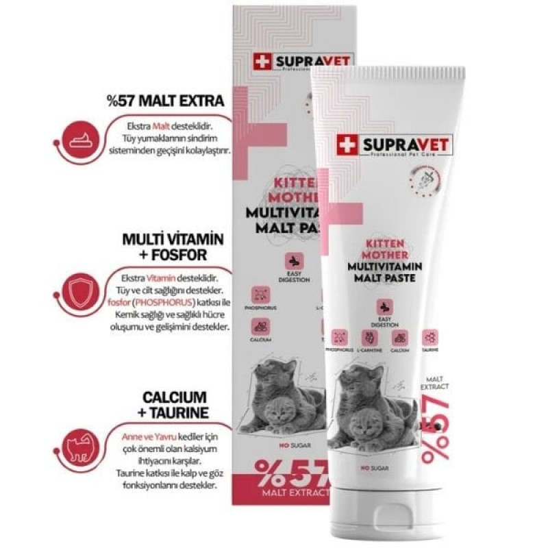 Supravet 30 Gr Kalsiyum ve Taurinli Hamile ve Yavru Kediler için Multi Vitamin Kedi Malt Macunu 