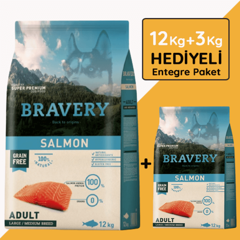 Bravery 12 Kg (+3 Kg Hediyeli) Orta ve Büyük Irk Somonlu Tahılsız Yetişkin | Tahılsız Köpek Kuru Maması Bravery 12 Kg (+3 Kg Hediyeli) Orta ve Büyük Irk Somonlu Tahılsız Yetişkin | Tahılsız Köpek Kuru Maması