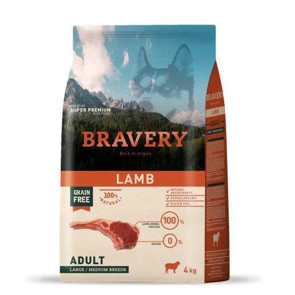 Bravery 4 Kg Orta ve Büyük Irk Kuzulu Tahılsız Yetişkin | Tahılsız Köpek Kuru Maması