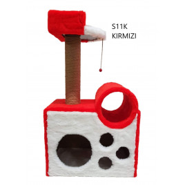 90 Cm Tünelli Yataklı Kedi Tırmalama Kırmızı | Tırmalama Tahtalı Kedi Evi