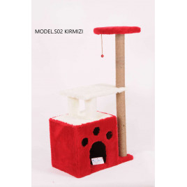 97 Cm Yuvalı Kedi Tırmalama Kırmızı | Platformlu Kedi Tırmalama Tahtası