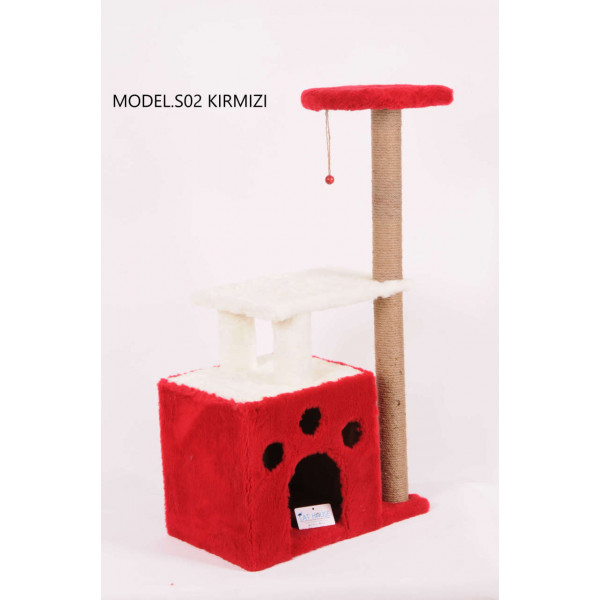 Cat Hause 97 Cm Yuvalı Kedi Tırmalama Kırmızı | Platformlu Kedi Tırmalama Tahtası