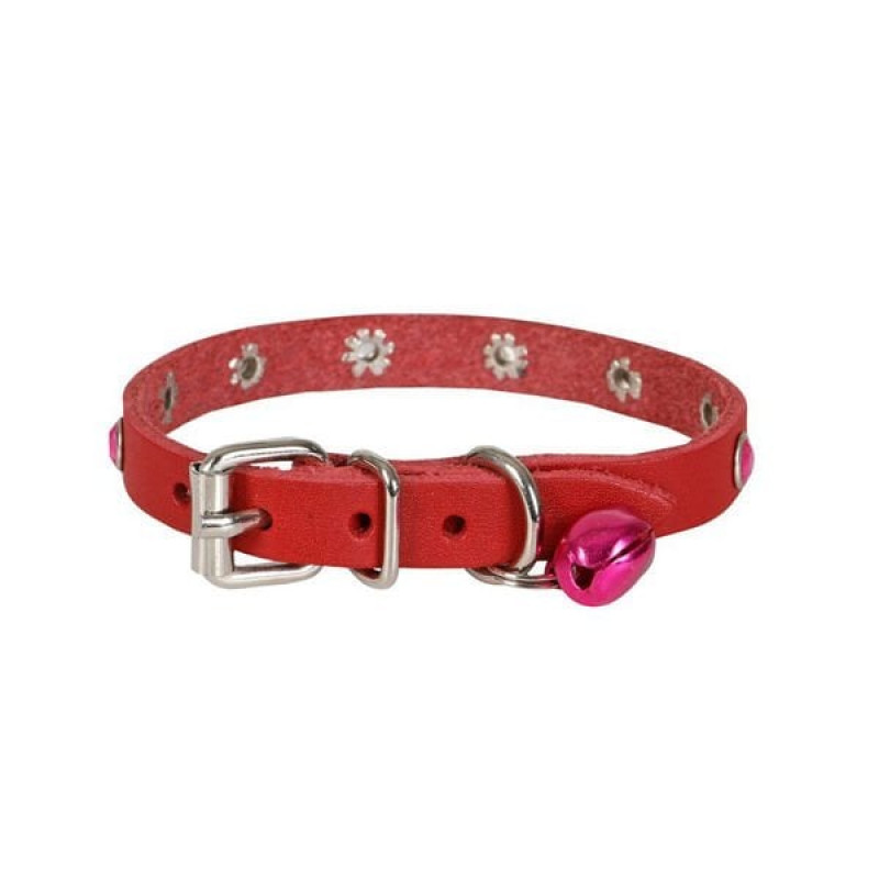 Cattie M Gerçek Deri Taşlı Boyun Tasması Kırmızı 1x20-23 Cm | Kedi Boyun Tasması