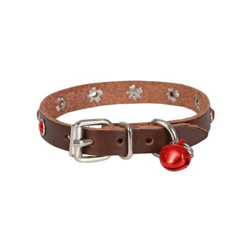 Cattie M Gerçek Deriden Taşlı Boyun Tasması Kahverengi 1x20-23 Cm | Kedi Boyun Tasması