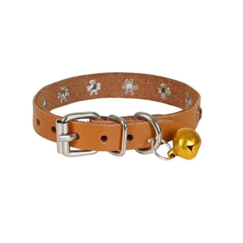 Cattie S Gercek Deri Taşlı Boyun Tasması Camel 1x16-20 Cm | Kedi Boyun Tasması