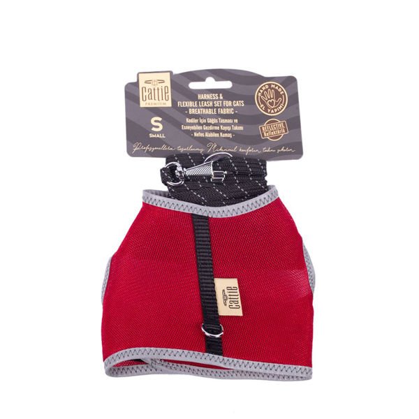 Cattie S Havalı Dokuma Göğüs ve Gezdirme Takımı Kırmızı 1x20-30 Cm | Kedi Göğüs Tasması