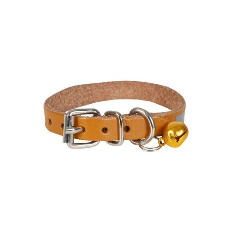 Cattie S Reflektörlü Deri Boyun Tasması Camel 1x16-20 Cm | Kedi Boyun Tasması