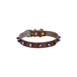 Boncuklu Deri Boyun Tasması Kahverengi 1.2x23-27 Cm | Kedi Boyun Tasması