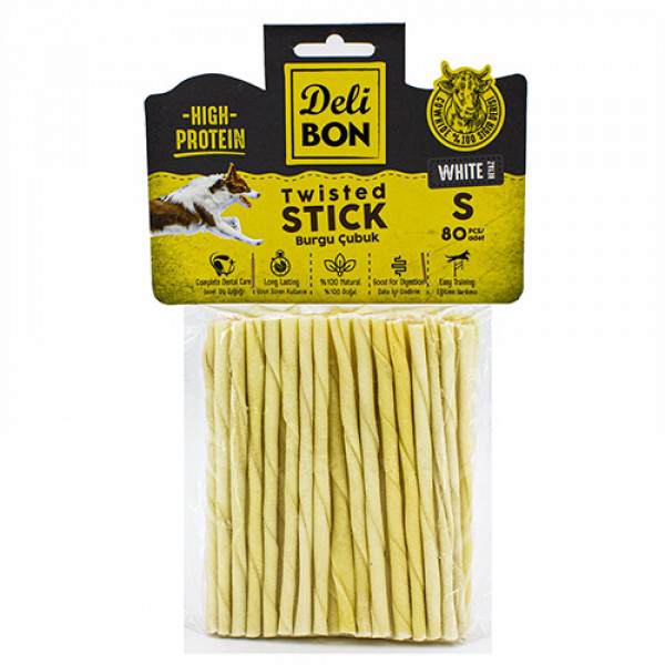 Delibon 80'li İnce Boy Deri Burgu Çubuk Beyaz | Köpek Atıştırmalık Ödül Maması