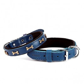 2x35 Cm Comfort Deri Kemik Süslü Boyun Tasması Small Mavi | Köpek Boyun Tasması
