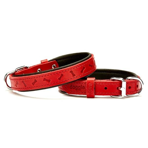 Doggie 2x40 Cm Comfort Deri Kemik Desenli Boyun Tasması Medium Kırmızı | Köpek Boyun Tasması