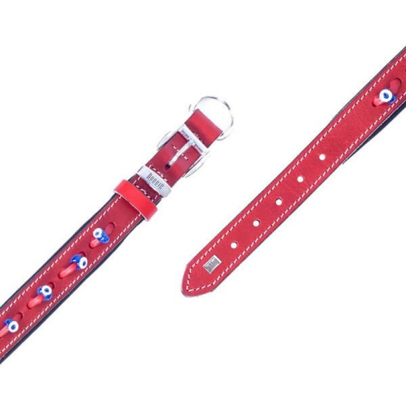 Doggie 2x40 Cm Comfort Deri Nazar Boncuklu Boyun Tasması Medium Kırmızı | Köpek Boyun Tasması
