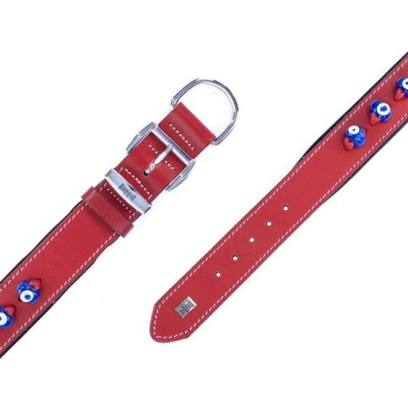 Doggie 3.5x60 Cm Comfort Deri Nazar Boncuklu Boyun Tasması Large Kırmızı | Köpek Boyun Tasması