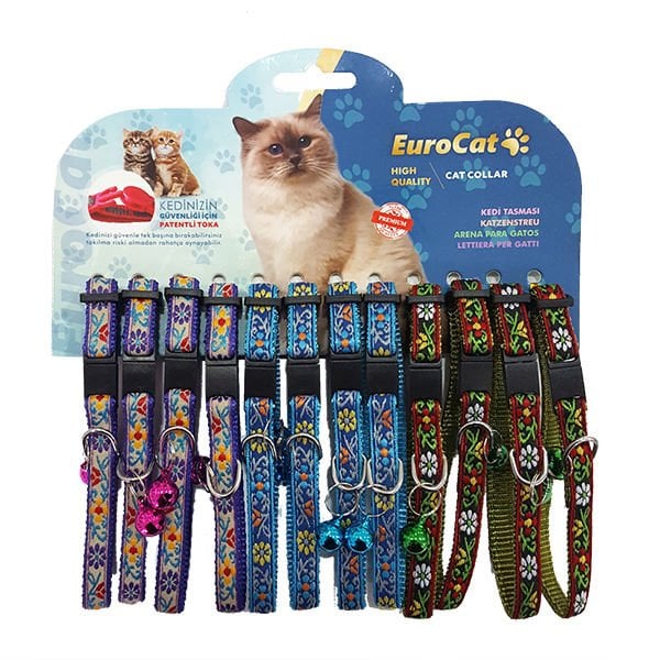 Euro Cat 28 Cm 1 Mm 12 Adet Çiçek Desenli Çıngıraklı Boyun Kırmızı Mavi Mor | Kedi Boyun Tasması
