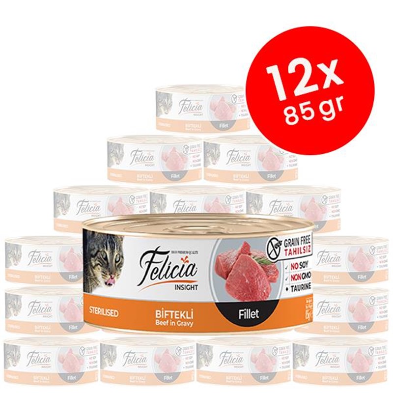 Felicia 12 Adet Tahılsız Sterilised Biftekli Fileto 85 Gr | Sığır Etli Yaş Kedi Maması Felicia 12 Adet Tahılsız Sterilised Biftekli Fileto 85 Gr | Sığır Etli Yaş Kedi Maması