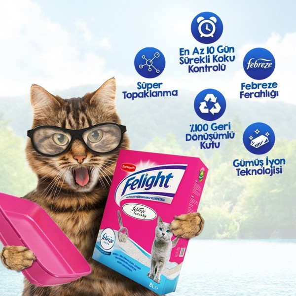 Felight Febreze 8 lt Süper Beyaz Bentonit Topaklanan Kedi Kumu | Doğal Kedi Kumu